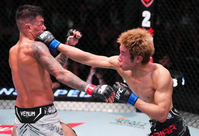 UFC 플라이급 공식랭킹 5위 다이라 다쓰로(오른쪽)가 2024년 10월 같은 체급 1위 브랜던 로이발을 공격하고 있다. 사진=TKO