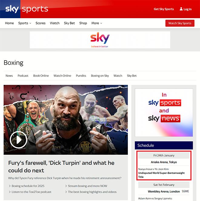 Sky Sports Boxing 역시 예정대로 영국 및 아일랜드에 이노우에 나오야 vs 김예준 프로복싱 슈퍼밴텀급 통합타이틀매치를 생중계한다.