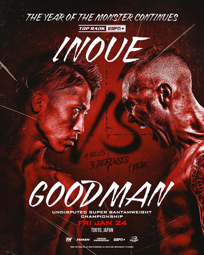 챔피언 이노우에 나오야 vs 도전자 샘 굿맨 2025년 1월24일 프로복싱 슈퍼밴텀급 통합타이틀매치 글로벌 공식 포스터. 사진=Top Rank