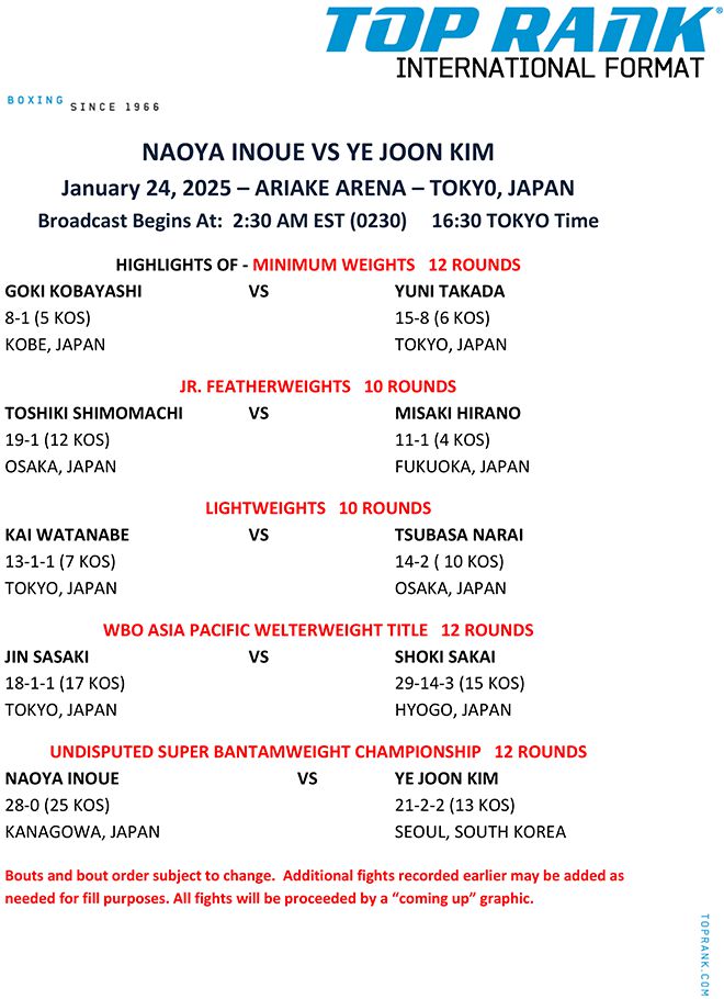 미국 복싱 프로모션 ‘톱 랭크’ 1월13일 배포 문서. 일본 도쿄 아리아케 아레나 대회 글로벌 중계 일정을 알리면서 이노우에 나오야 vs 김예준을 슈퍼밴텀급 통합타이틀매치로 기재했다. 사진=Top Rank