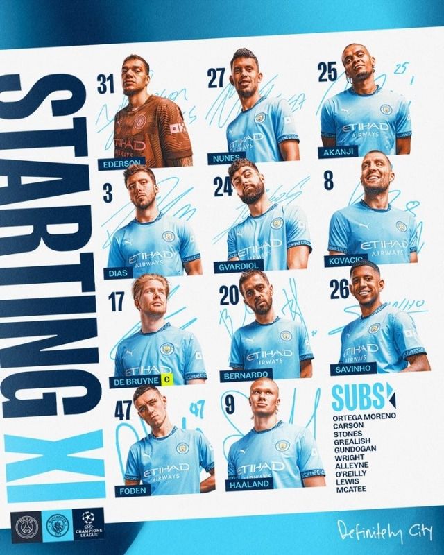 맨시티는 골키퍼 에데르송을 시작으로 누네스-아칸지-디아스-그바르디올-코바치치-더브라위너-베르나르두-사비우-포든-홀란드가 선발 출전했다. 사진=맨체스터 시티 SNS