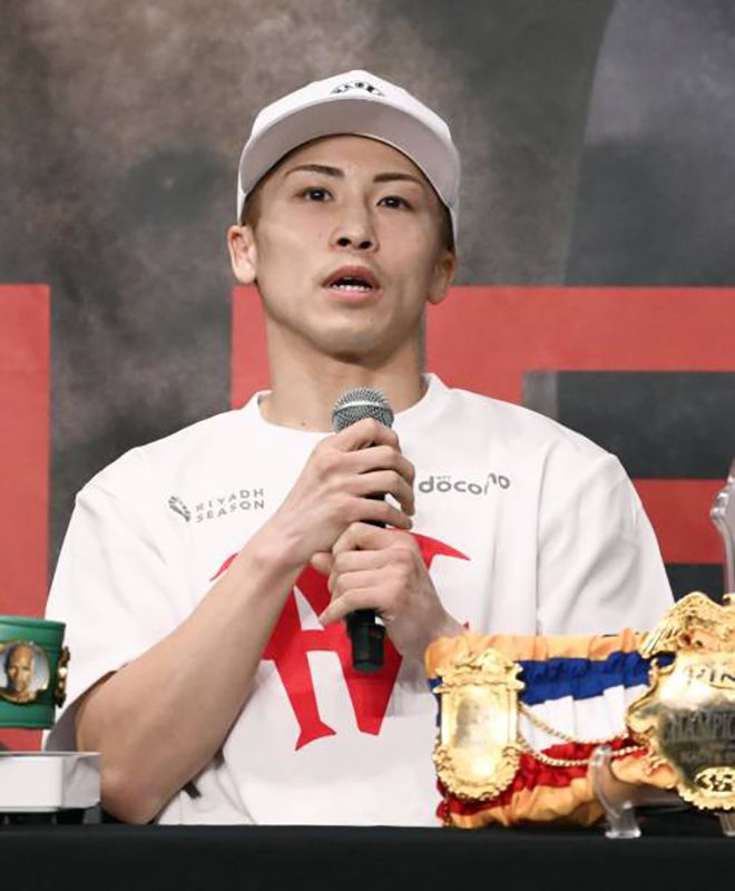 챔피언 이노우에 나오야가 2025년 1월24일 기자회견에서 프로복싱 슈퍼밴텀급 통합 타이틀 방어 소감을 말하고 있다. 사진=Kyodo News=연합뉴스 제공