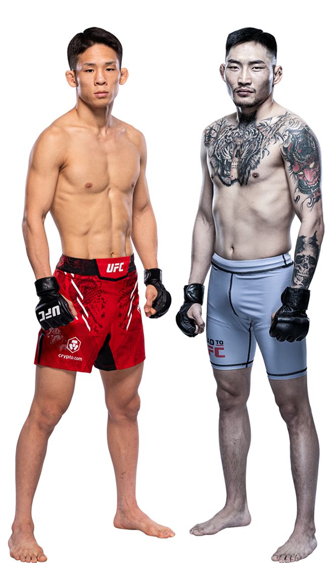 Road to UFC 시즌1 플라이급 토너먼트 우승자 박현성(왼쪽), Road to UFC 시즌2 원매치 출신 냠자르갈 트멘뎀베렐. 사진=TKO