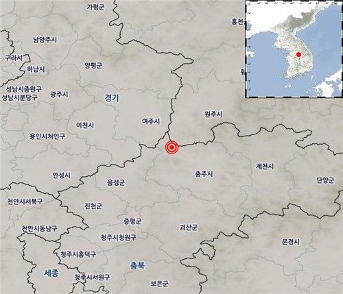 7일 2시 35분께 충북 충주시 북서쪽 22km 지역에서 규모 3.1의 지진이 발생했다고 기상청이 밝혔다. 진앙은 북위 37.14도, 동경 127.76도이며 진원의 깊이는 9㎞로 올해 한반도에서 발생한 7건의 규모 2.0 이상 지진 중 최강이다. [연합뉴스]