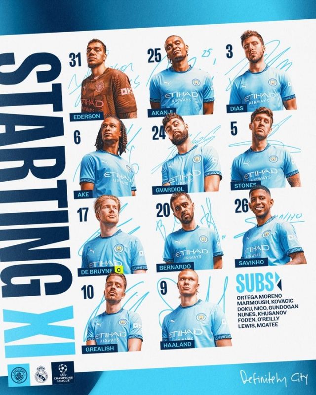맨시티는 골키퍼 에데르송-아칸지-디아스-아케-그바르디올-스톤스-더브라위너-베르나르두-사비우-그릴리시-홀란드가 선발 출전한다. 사진=맨체스터 시티 SNS