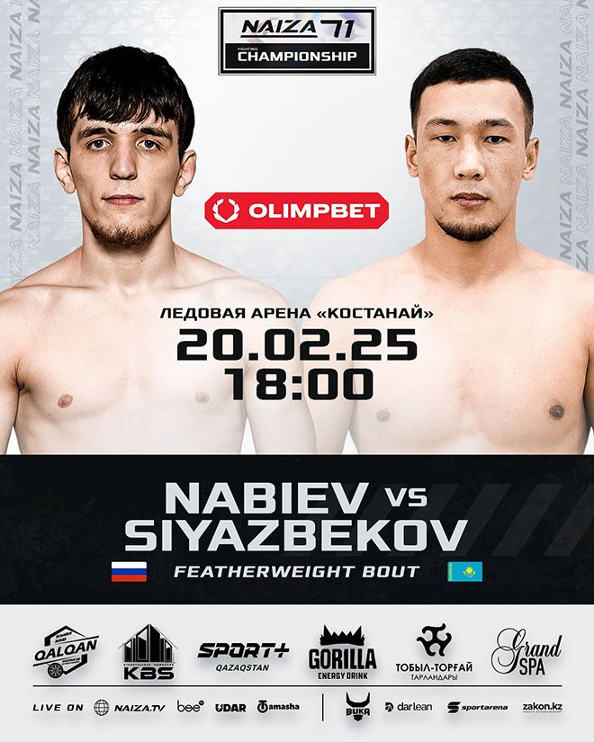 나비 자비토비치 나비예프(왼쪽)가 2월20일 카자흐스탄 코스타나이 레도바야 아레나에서 막사트 시야즈베코프와 페더급 원정경기를 치른다. 사진=NAIZA
