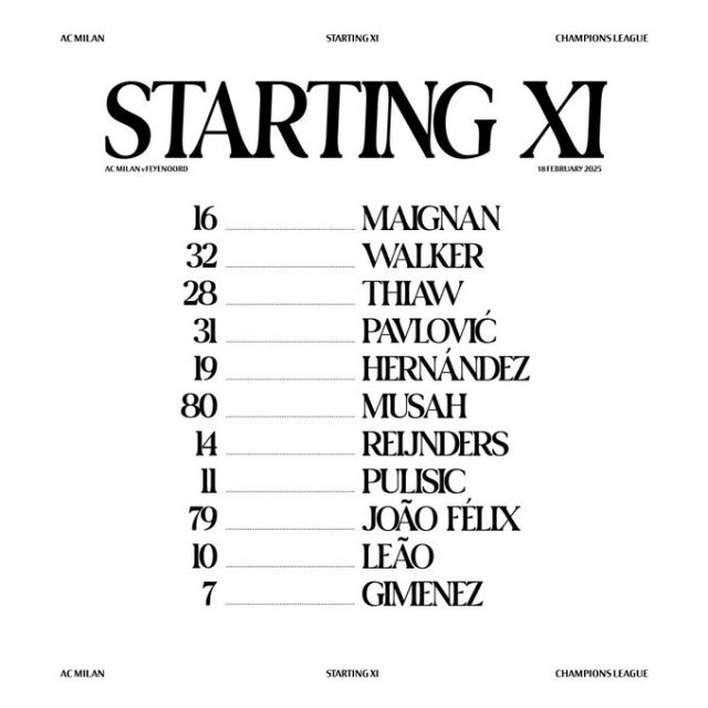 밀란은 골키퍼 메냥을 시작으로 에르난데스-파블로비치-치아우-워커-라인더르스-무사-레앙-펠릭스-풀리식-히메네스가 선발 출전했다. 사진=AC밀란 SNS