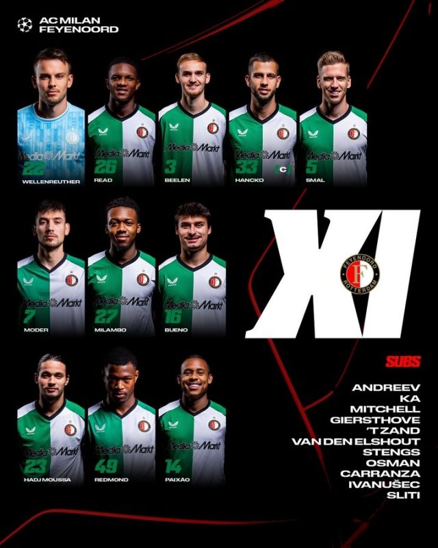 페예노르트는 골키퍼 벨렌로이터를 시작으로 레아트-베일런-한츠코스말-밀람보-모데르-부에노-하지 무사-레드몬드-파이샹이 선발 출전했다. 사진=페예노르트 SNS