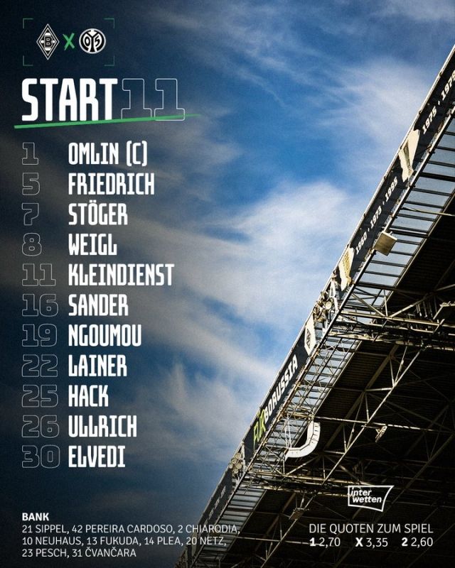 묀헨글라트바흐는 골키퍼 오믈린을 시작으로 울리히-엘베디-프리드리히-라이너-바이글-잔더-하크-슈퇴거-은구무-클라인디스트가 선발 출전했다. 사진=묀헨글라트바흐 SNS