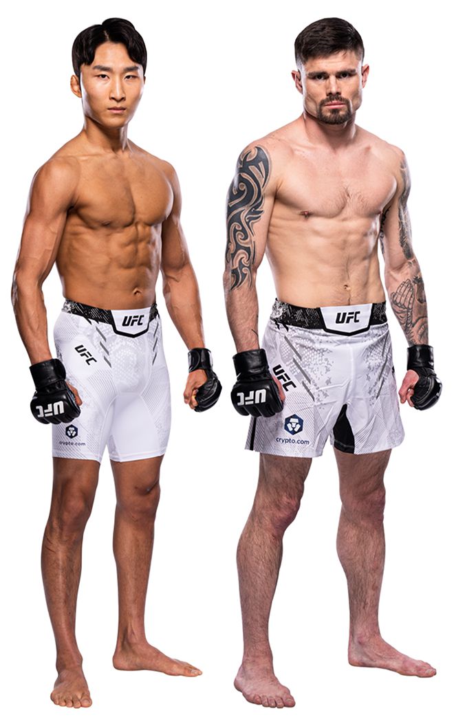 제2대 로드FC 페더급 챔피언 이정영(왼쪽)이 2025년 5월 미국 아이오와주 디모인의 웰스파고 아레나 UFC on ESPN+ 114 페더급 원정경기로 3개 단체 웰터급 챔피언 트레버 피크를 상대한다. 사진=TKO