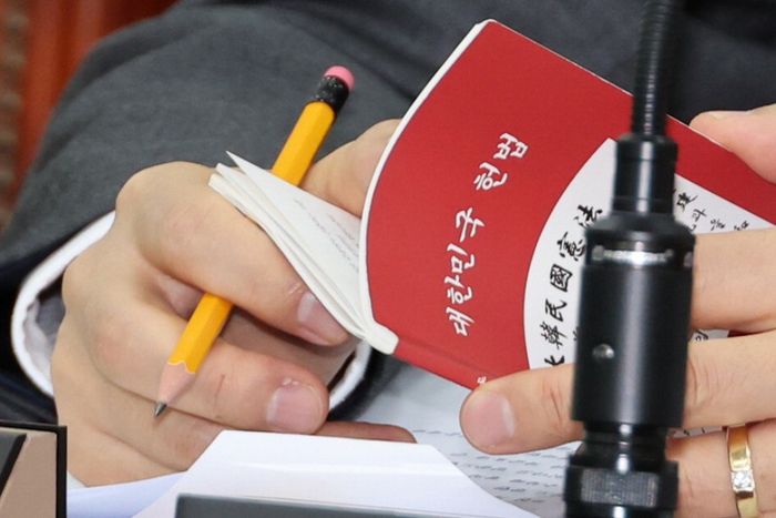 헌법 꺼내든 사무처장 김정원 헌법재판소 사무처장이 31일 국회 법사위 전체회의에 출석해 헌법 조문을 살펴보고 있다. 연합뉴스