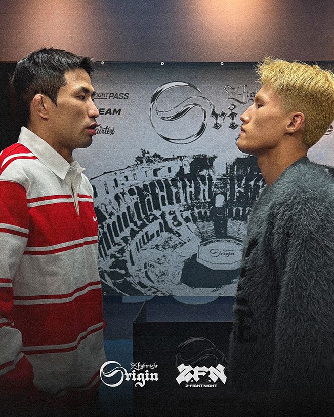 더블지 두 체급 챔피언 박찬수(왼쪽)가 2025년 4월 서울특별시 서초구 스포모티브 ZFN Origin 코-메인이벤트 계체 통과 후 2024 로드FC 신인왕 김시왕과 마주 보고 있다. 사진=MCP ECC