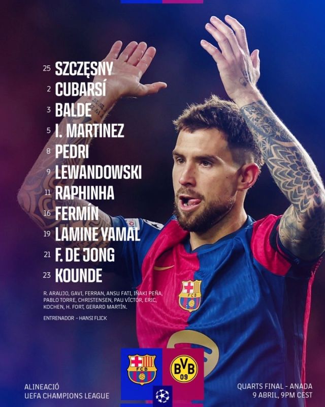 바르셀로나는 골키퍼 슈체스니를 시작으로 쿤데-쿠바르시-마르티네스-발데-더용-페드리-페르민-야말-레반도프스키-하피냐가 선발 출전했다. 사진=바르셀로나 SNS