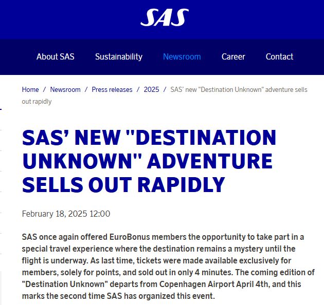 SAS는 목적지 불명의 ‘미스터리’ 항공권이 빠르게 매진됐다고 일렸다. [사진 출처 = SAS 홈페이지]
