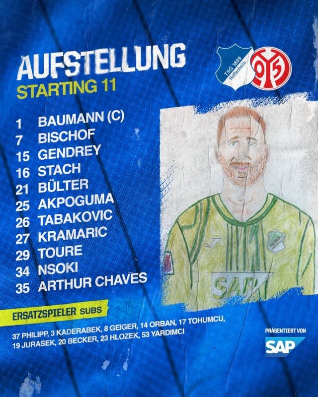 호펜하임은 골키퍼 바우만을 시작으로 은소키-아크포구마-차베스-장드레-비쇼프-슈타흐-뷜터-크라마리치-투레-타바코비치가 선발 출전했다. 사진=호펜하임 SNS