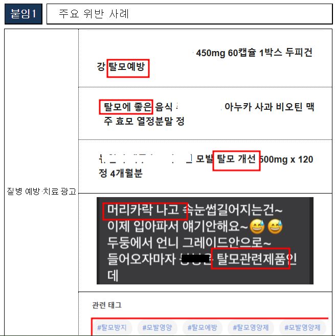식약처가 14일 공개한 탈모 예방 관련 부당광고들. [사진 = 식품의약품안전처]