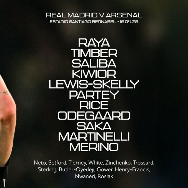 아스날은 골키퍼 라야를 시작으로 팀버-살리바-키비오르-루이스 스켈리-외데고르-파티-라이스-사카-메리노-마르티넬리가 선발 출전했다. 사진=아스날 SNS