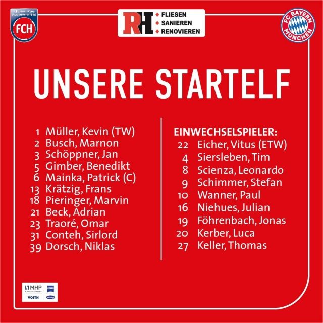 하이덴하임은 골키퍼 뮐러를 시작으로 마인카-김버-부슈-쇠프너-크라치히-도르슈-베크-트라오레-콘테-피링거가 선발 출전한다. 사진=하이덴하임 SNS