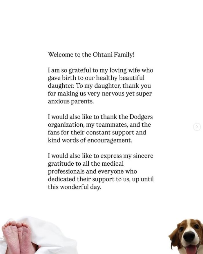 득녀 사실을 알린 오타니 쇼헤이의 SNS 게시물. 오타니 쇼헤이 인스타그램