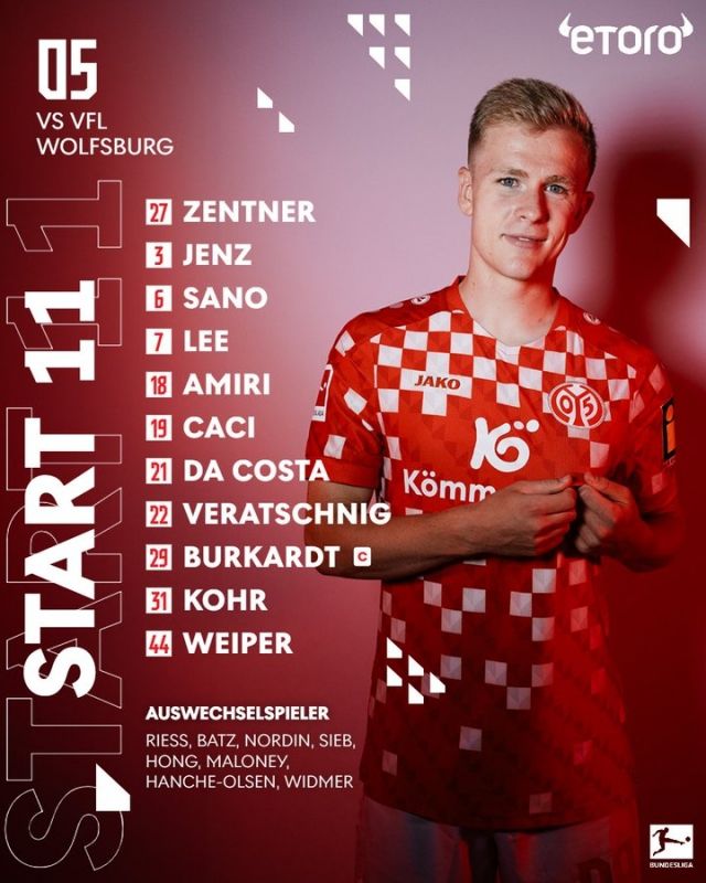 마인츠는 골키퍼 첸트너를 시작으로 코어-옌츠-다 코스타-페라트슈니히-아미리-사노-카시-이재성-바이퍼-부르카르트가 선발 출전했다. 사진=마인츠 SNS