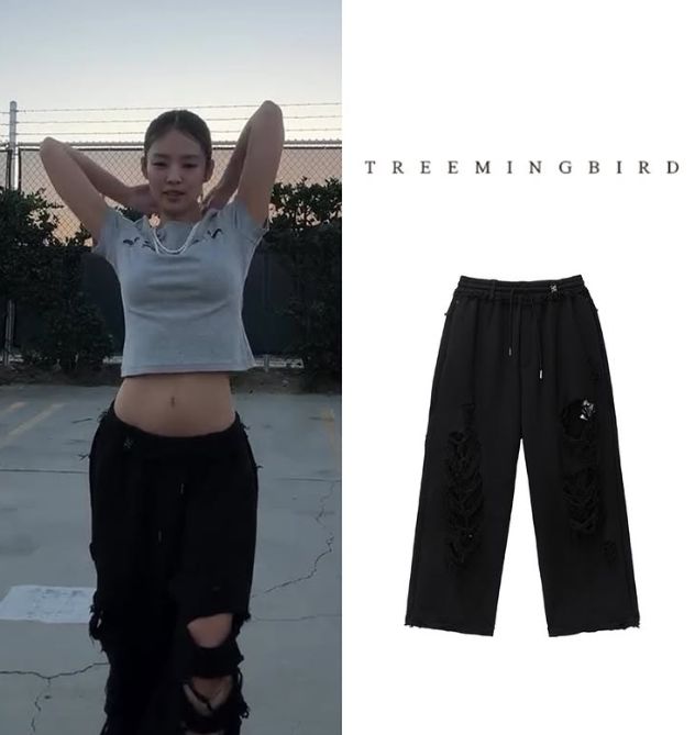 제니가 자신의 인스타그램에 첫 솔로 정규앨범 ‘루비’의 챌린지 영상을 공개했다. 제니가 입은 바지가 트리밍버드의 ‘스크래치 데미지 와이드 스웨트 데님 팬츠’다. (사진=제니 인스타그램 캡쳐)