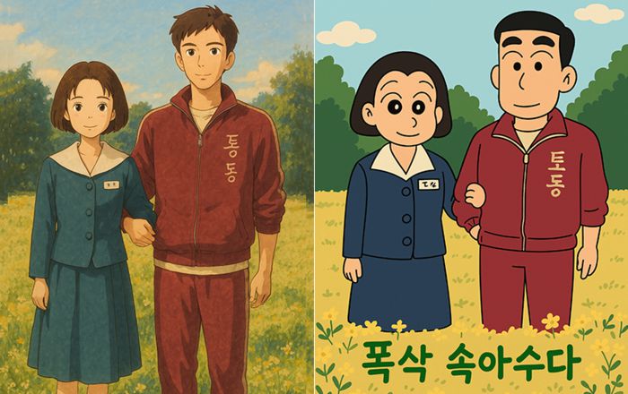 지브리(왼쪽)와 짱구풍으로 제작한 넷플릭스 오리지널 드라마 폭싹 속았수다 포스터. [사진 = 챗GPT]