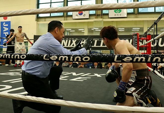 2025년 4월 서울특별시 관악구민종합체육센터 슈퍼미들급 통합타이틀매치 주심이 3라운드 다운당한 동양태평양복싱연맹 챔피언 노나카 유키에게 카운트를 세고 있다. 왼쪽은 세계복싱기구 아시아태평양 챔피언 윤덕노. 사진=KBM 사단법인 한국복싱커미션