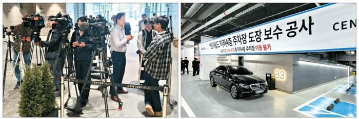 로비에 몰린 취재진 피해서… 통제구역으로 도착한 총수들 트럼프 주니어가 재계 총수들과 릴레이 일대일 면담을 가진 조선 팰리스 호텔은 30일 ‘지하 4층 주차장 도장 보수 공사’ 현수막을 지하 3층에 내걸고 취재진 차량 진입을 통제했다(오른쪽 사진). 왼쪽은 이날 취재진이 지하 1층 로비에 모여 총수들을 기다리고 있는 모습. 이승환 기자