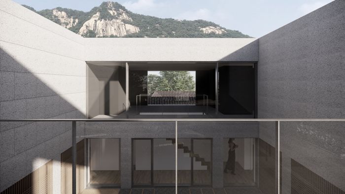 ‘김창열 화가의 집’ 회랑에서 바라본 북악산 방향의 조감도. 김창열 화백 가족들이 거의 사용하지 않던 회랑을 살려 주 관람동선으로 만들었다. 플랫폼아키텍처