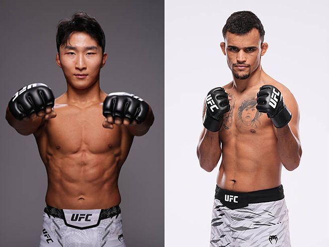 왼쪽부터 Road to UFC 시즌1 페더급 8강 토너먼트 우승자 이정영, UFC 밴텀급 2승 1패 다니에우 구스타부 곤자가 산투스. 사진=TKO