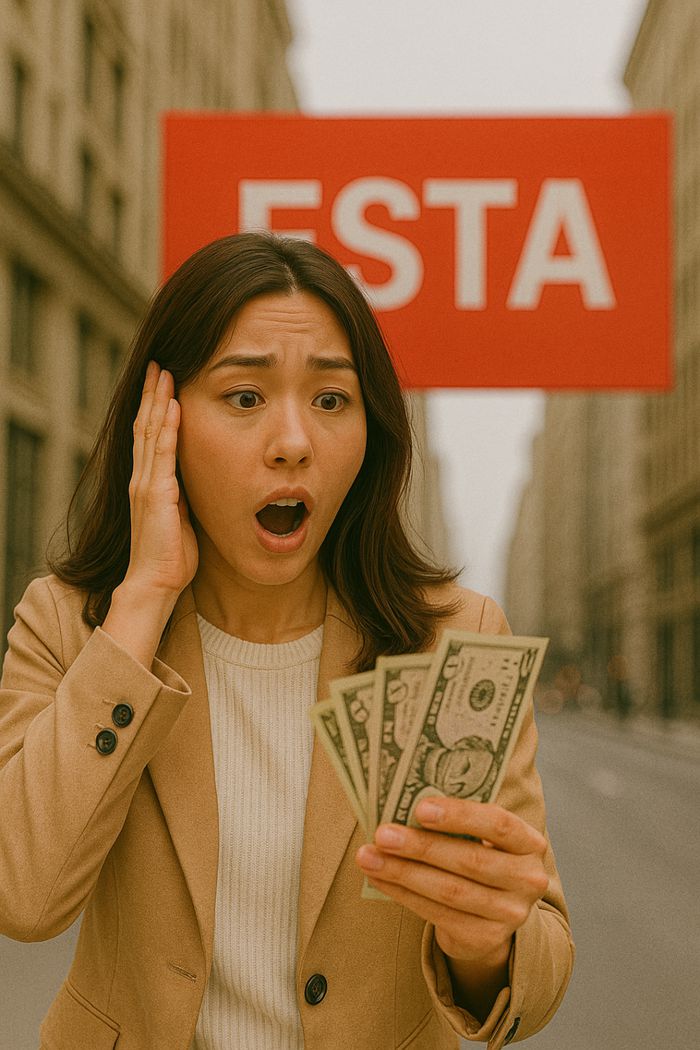 대행 사이트에서 ESTA를 발급받은 후 공식 비용보다 고가의 비용을 내서 놀란 사람의 표정을 표현한 그림 / 그림=챗 GPT