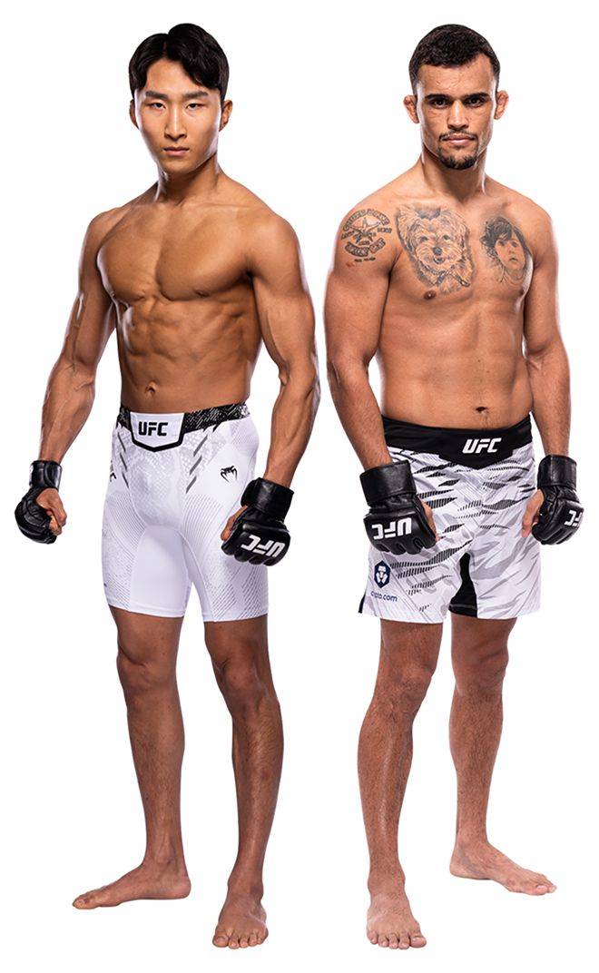 왼쪽부터 Road to UFC 시즌1 페더급 8강 토너먼트 우승자 이정영, UFC 밴텀급 2승 1패 다니에우 구스타부 곤자가 산투스. 사진=TKO