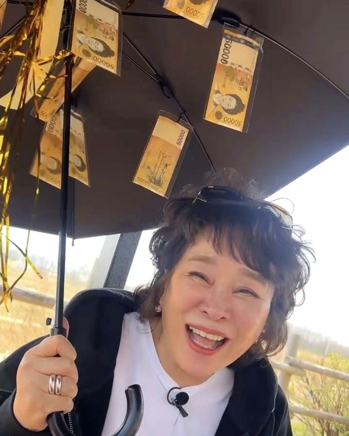 우산 안쪽에는 5만 원권 현금과 금빛 테슬이 주렁주렁. 그야말로 ‘돈비 내려라’급 돈 우산이었다.사진=미자 SNS