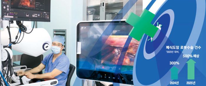 박성용 삼성서울병원 폐식도외과 교수가 새로 도입된 첨단 수술로봇인 ‘다빈치5’를 이용해 폐암 환자를 수술하고 있다. [사진 = 삼성서울병원]