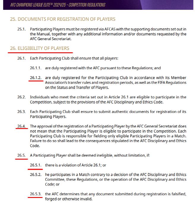 2024-25시즌 아시아축구연맹 챔피언스리그 엘리트 규정 제26조 선수 자격. 사진=AFC 챔피언스리그 엘리트 규정집