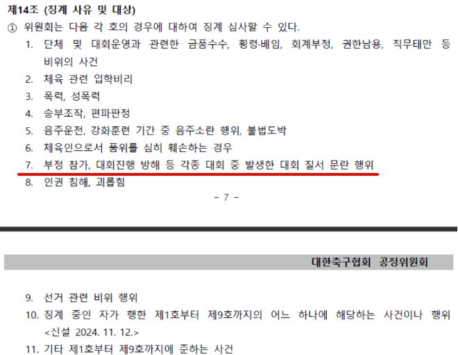 대한축구협회 공정위원회 규정 제14조. 사진=대한축구협회