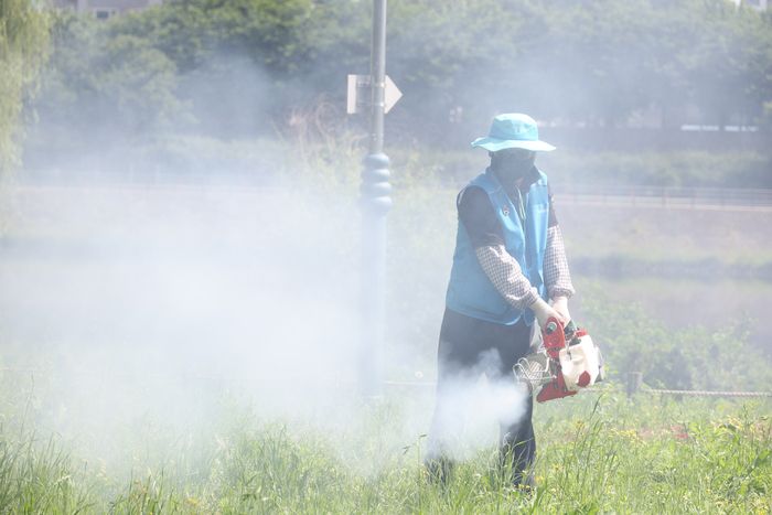 지난 21일 대구 동구 동촌유원지에서 동구보건소 방역반원들이 모기를 비롯한 병해충 방역작업을 하고 있다. [연합뉴스]