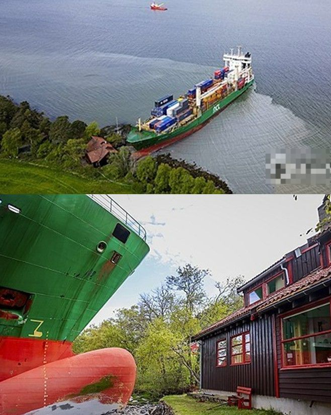 2025년 5월 22일(현지시간) 노르웨이 트론헤임에 있는 요한 헬베르그 씨의 주택 앞마당에 길이가 135ｍ인 컨테이너선 ‘NCL 살텐’이 좌초했다. [사진 = 연합뉴스]