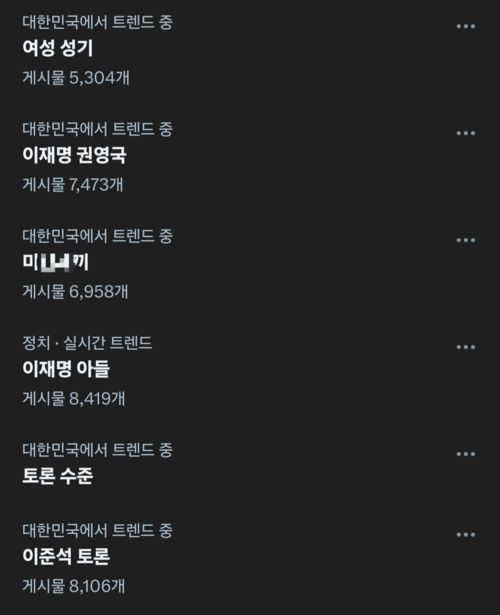 지난 27일 밤 10시 20분께 3차 대선 후보 TV 토론회가 끝난 후 엑스(X, 옛 트위터)의 실시간 화제 키워드에 ‘여성 성기’ 등의 단어가 올라 있다. [엑스 캡처]