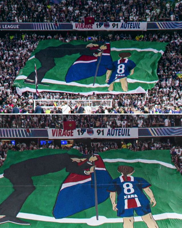 감동적인 순간도 있었다. PSG 팬들은 6년 전 하늘로 떠난 엔리케의 딸 사나를 잊지 않았다. 지금으로부터 10년 전, 엔리케 감독이 사나와 챔피언스리그 우승의 순간을 함께한 순간을 응원 현수막으로 만들어 펼쳤다. 10년 만에 다시 한 번 감동적인 장면이 연출된 순간이었다. 사진=리그앙 SNS