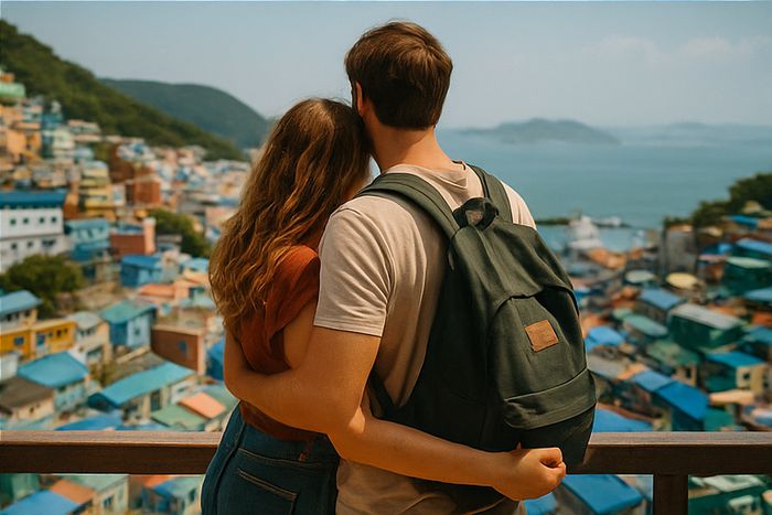 서구권 외래 관광객이 부산 감천문화마을을 여행하는 모습을 표현한 그림 /그림=챗GPT