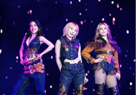 객석을 가득 메운 보라빛 응원봉과 뜨거운 환호 속에서 이들은 히트곡 메들리를 선보이며 관객들과 호흡했다.사진=산다라박 SNS