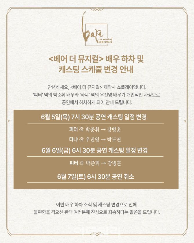 공연이 예정된 당일 해당 뮤지컬 제작사는 캐스팅 변경 소식을 알렸다.