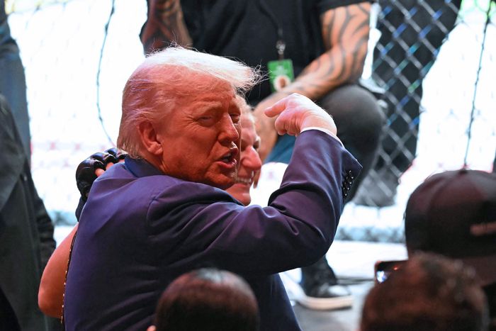 2025년 6월 7일(현지시간), 미국 뉴저지주 뉴어크 프루덴셜 센터에서 열린 종합격투기 대회 ‘UFC 316’에서 도널드 트럼프 전 미국 대통령(왼쪽)이 여성 밴텀급 챔피언 결정전에서 줄리아나 페냐를 꺾은 케일라 해리슨에게 손짓하고 있다. [사진 = AFP, 연합뉴스]