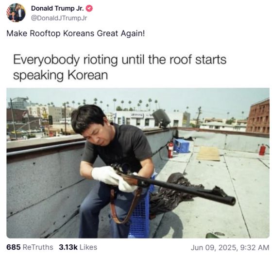 도널드 트럼프 주니어는 9일 트루스소셜에 “루프탑 코리안을 다시 위대하게!(Make Rooftop Koreans Great Again!)”이라는 글과 함께 사진을 올렸다. [사진 출처  = 트럼프 주니어 트루스소셜 캡처]