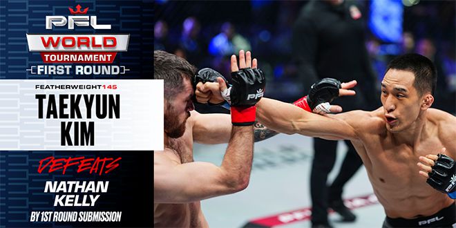 김태균(오른쪽)이 우승상금 50만 달러 미국 플로리다주 올랜도 유니버설 스튜디오 2025 PFL 월드 토너먼트 페더급 8강전에서 국제종합격투기연맹 세계선수권대회 은메달리스트 네이선 켈리를 공격하고 있다. 사진=MMAX Investment Partners, Inc.