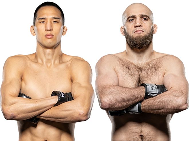 왼쪽부터 Brave CF 챔피언 결정전 출신 김태균, 우승상금 100만 달러 2021 PFL 페더급 플레이오프 4강 토너먼트 우승자 모블리트 하이불라예프. 사진=MMAX Investment Partners, Inc.
