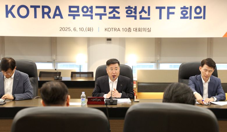 강경성 KOTRA 사장(가운데)이 지난 10일 열린 무역구조 혁신 TF 회의를 주재하고 있다.