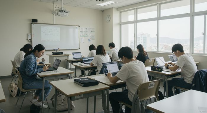 학생들이 교실에서 인터넷과 인공지능(AI)를 이용해 과제를 하고 있는 모습. [사진=구글 이미지FX로 생성]
