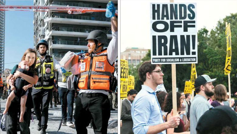 아이 안고 대피하는 이스라엘 여성…미국선 참전 반대 시위 고조 19일(현지시간) 이스라엘 텔아비브 인근 라마트간의 이란의 미사일 공격이 떨어진 현장에서 한 여성이 아이를 품에 안고 구급대원들과 함께 긴급 대피하고 있다(왼쪽 사진). 이날 미국 워싱턴DC 백악관 앞에서 친팔레스타인 시위대가 이스라엘의 대이란 공습에 미국의 참여를 검토하는 행정부에 항의하고 있다.  로이터·AFP연합뉴스